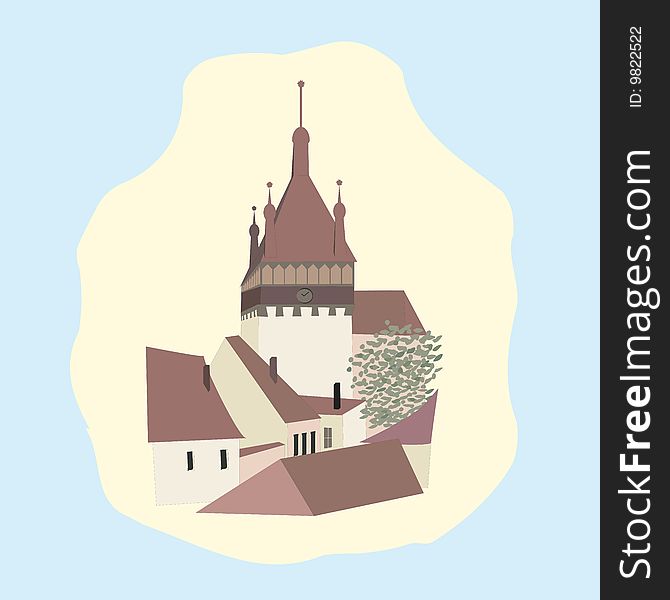 Illustration with castel and a small village, landscape, old tower, peasant village, houses, beautiful cottage, thumbnail, summer residence. Illustration with castel and a small village, landscape, old tower, peasant village, houses, beautiful cottage, thumbnail, summer residence.