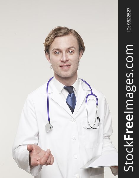 Medical professional gesturing to explain. Medical professional gesturing to explain