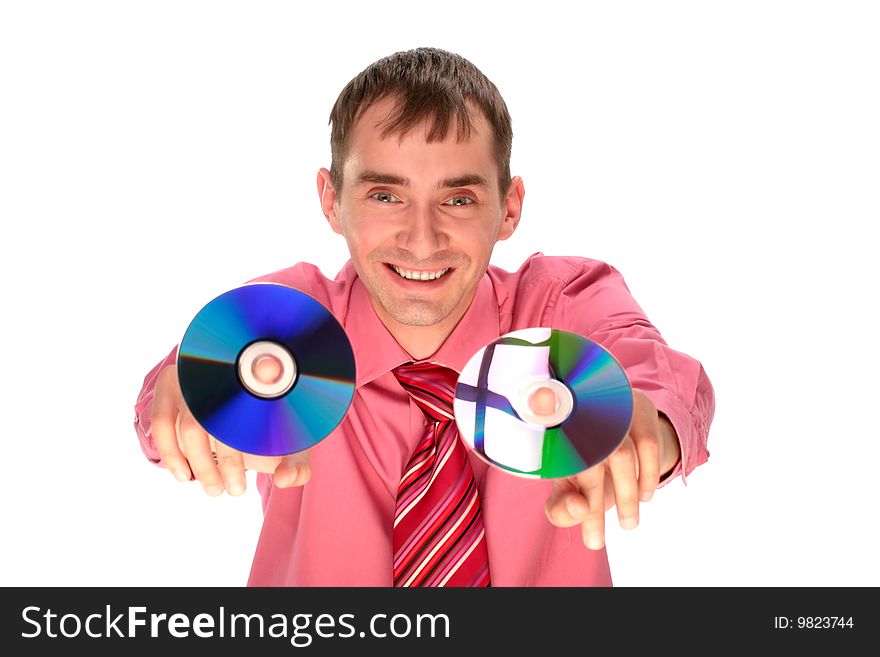 The person shows compact disks isolated background