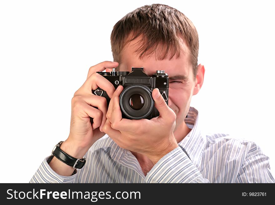 Guy with retro photo camera a isolated backgroud