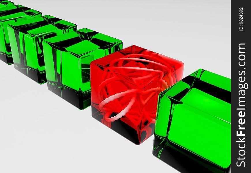 3D abstraction, green and red glass, cube, concept