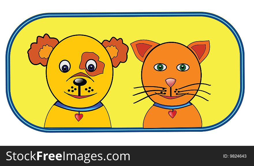 Cheerful pets (dog and cat) in blue frame.