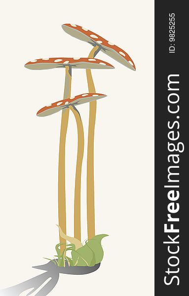 Illustration with fantastic mushrooms and leaves/grass.