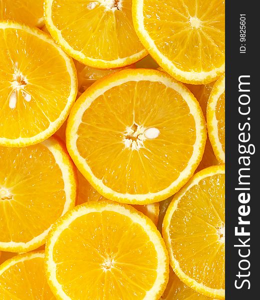 Fresh tasty oranges as background on the stack