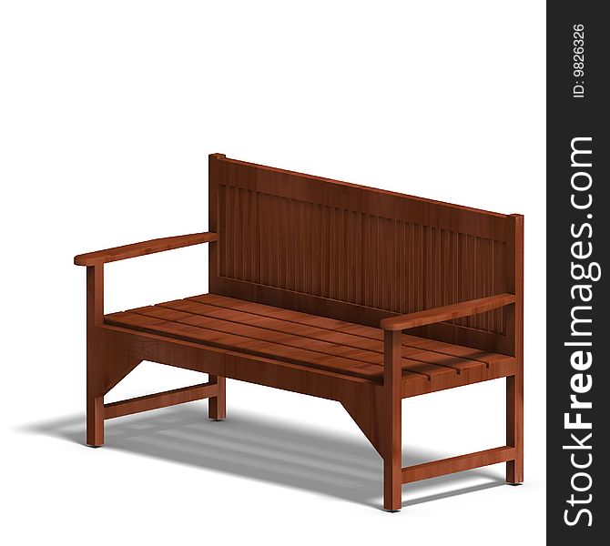 Wooden park bench. 3D render with clipping path and shadow over white