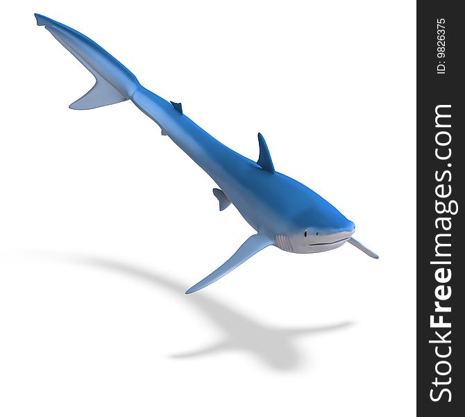 Blue shark. 3D render with clipping path and shadow over white