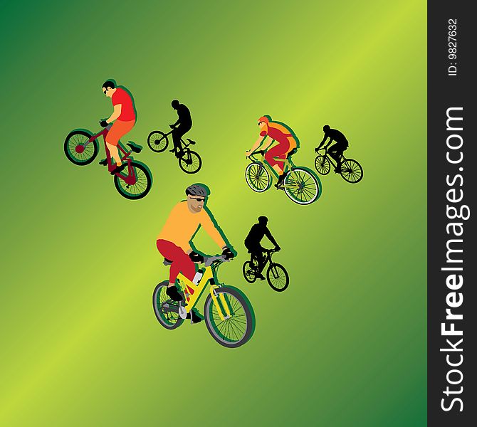 Three bicyclists on gradiented background, vector illustration. Three bicyclists on gradiented background, vector illustration