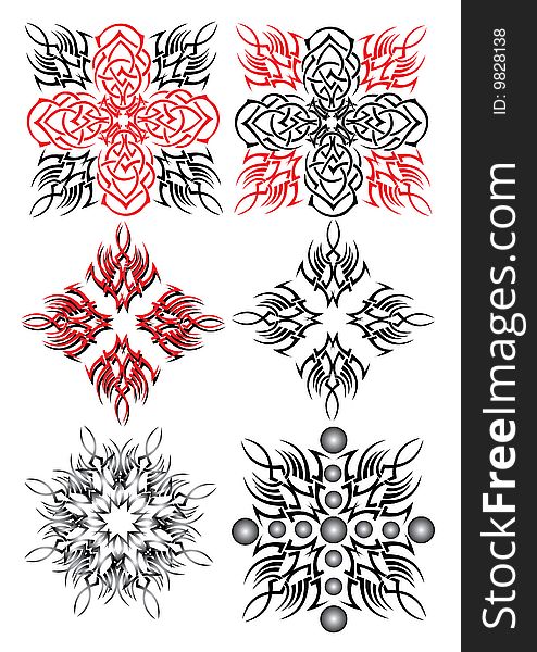 There are six isolated black and red pattern on white background