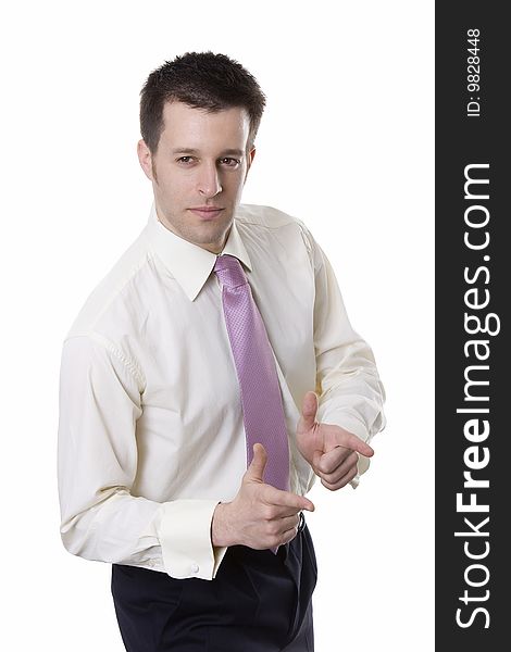 Business man pointing away, over white background
