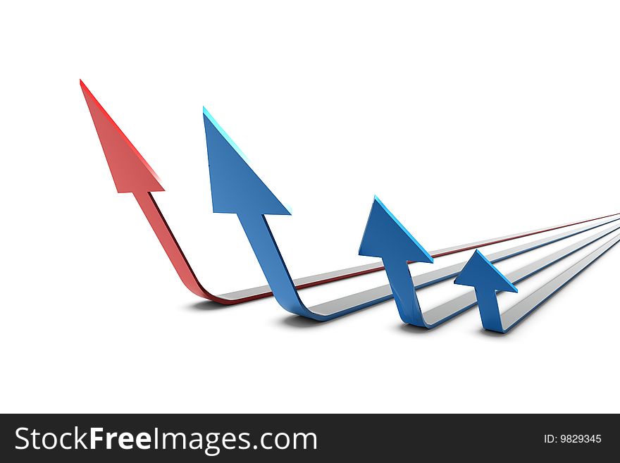 3D Arrows in red and blue standing in formation on white background. 3D Arrows in red and blue standing in formation on white background