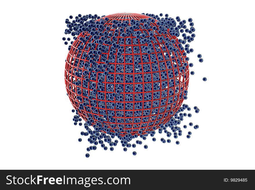 Blue bubbles escaping from red net on white background. Blue bubbles escaping from red net on white background