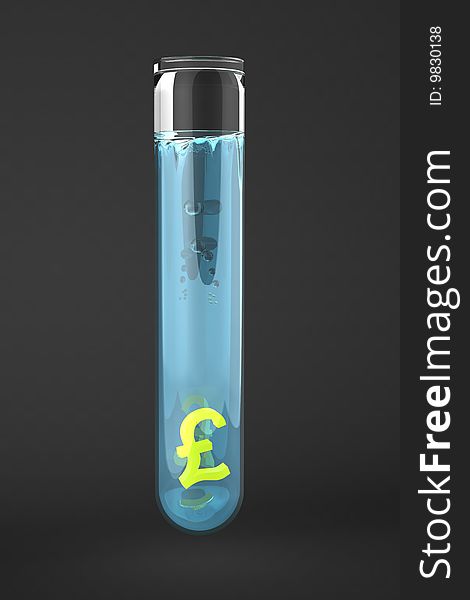 Yellow Pound sign in Test tube filled with blue water on black backdrop. Yellow Pound sign in Test tube filled with blue water on black backdrop