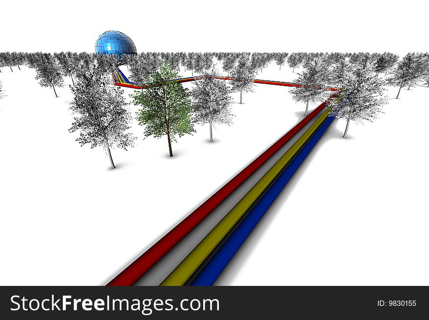 Funky colored road leading through forest to blue ball building on white background. Funky colored road leading through forest to blue ball building on white background