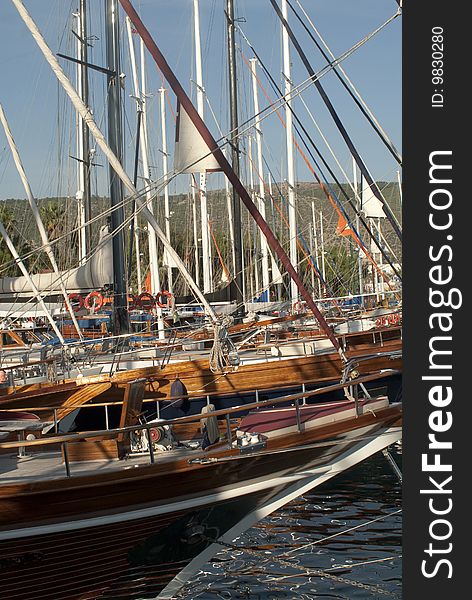 Wooden sailboats at the bodrum harbour