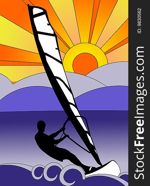 Illustration of windsurfer in action. Seaside, hills background and a sunny sky. Illustration of windsurfer in action. Seaside, hills background and a sunny sky.