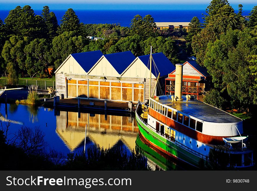 Old boat house and passenger ferry at Flagstaff Hill, Australia. Old boat house and passenger ferry at Flagstaff Hill, Australia