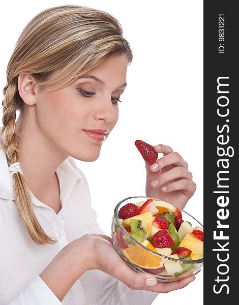 Healthy lifestyle series - Woman holding strawberry on white background. Healthy lifestyle series - Woman holding strawberry on white background