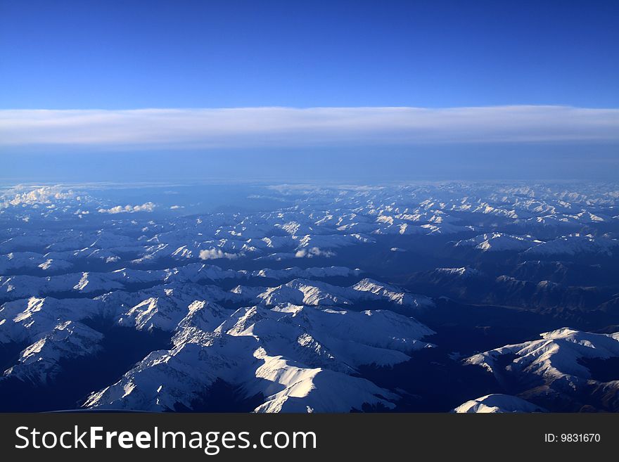 The aerial view of Southern Alps, New Zealand