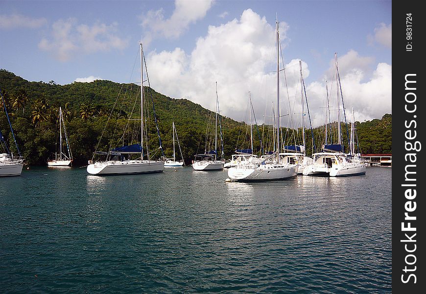 Some sailboats in the interior of Marigot Bay near Castries, St. Lucia.