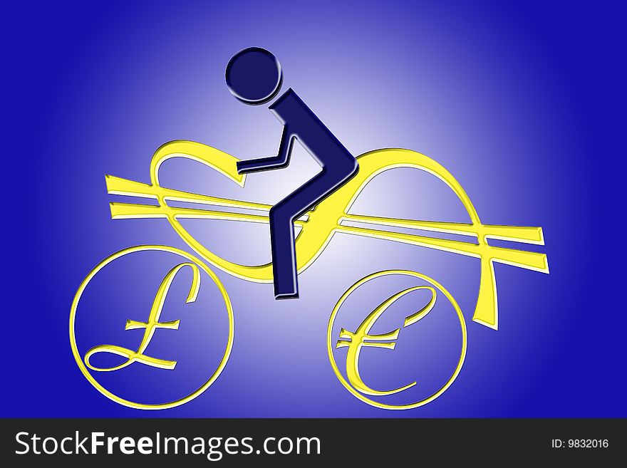 Illustration - the man on the bike of the currency signs. Illustration - the man on the bike of the currency signs