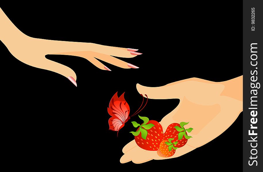 The man's hand gives a strawberry with the butterfly