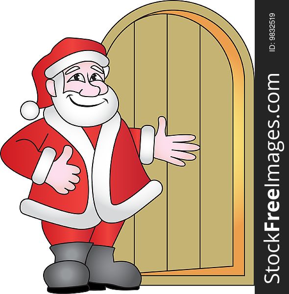 Vector illustration of Santa Claus entering a door