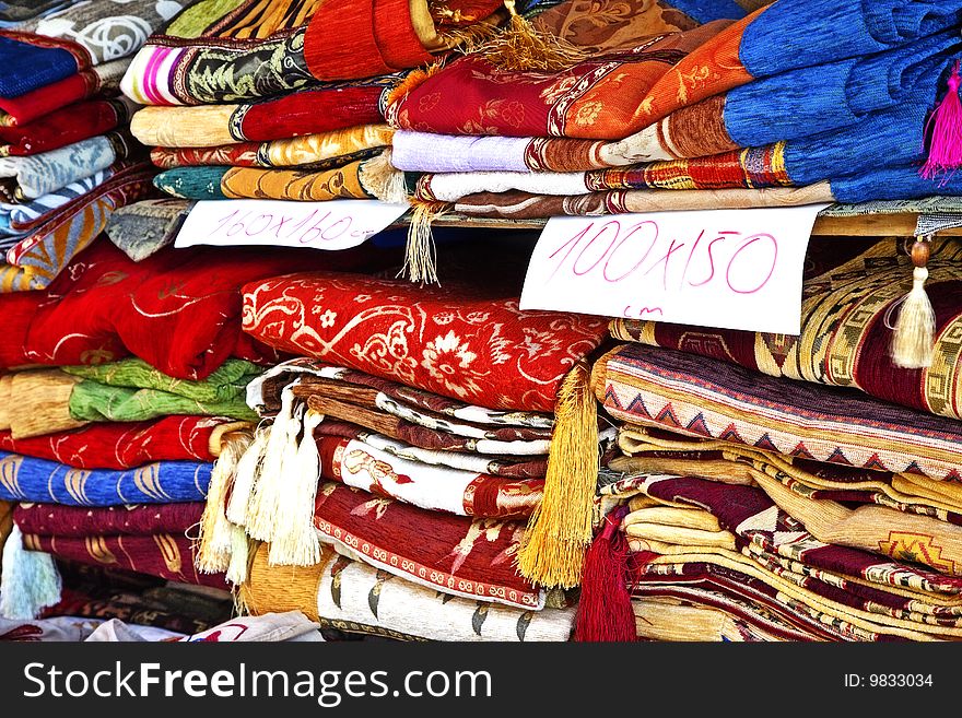 Colourful fabrics in a Turkish bazaar