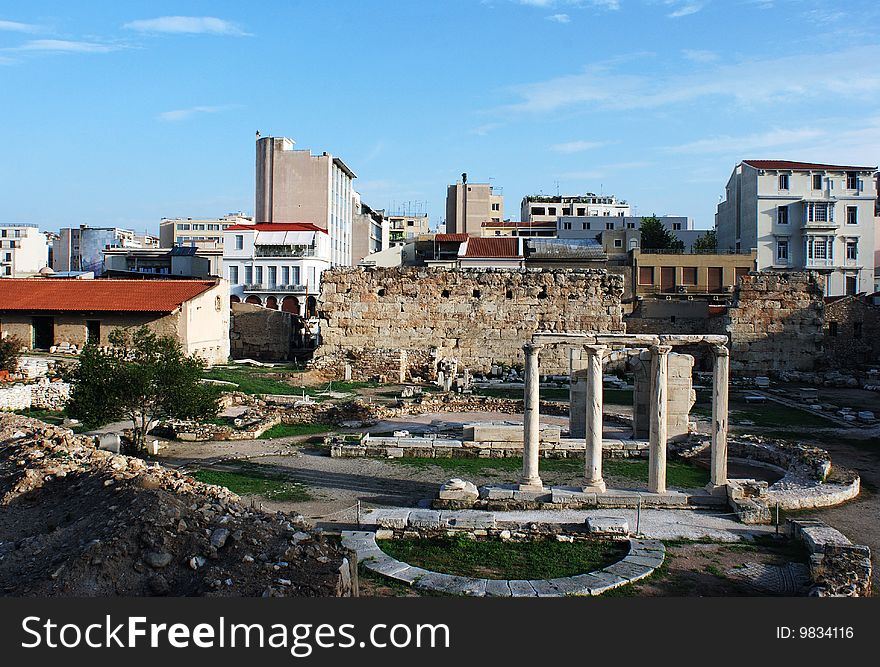 Ancient ruins, archaeological site in the middle of Athens city, Greece.