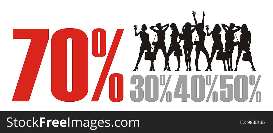 Composition with female silhouettes and percent. In the top part of a composition female figures are located. Under them different percent. Composition with female silhouettes and percent. In the top part of a composition female figures are located. Under them different percent.