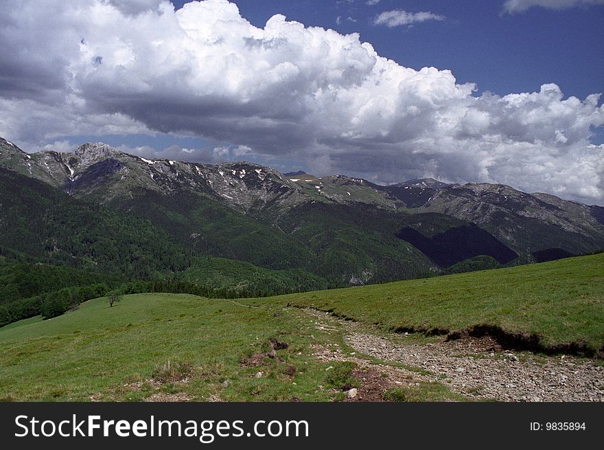 View from Oslea to Retezat Mountain over Western Jiu Valley. View from Oslea to Retezat Mountain over Western Jiu Valley