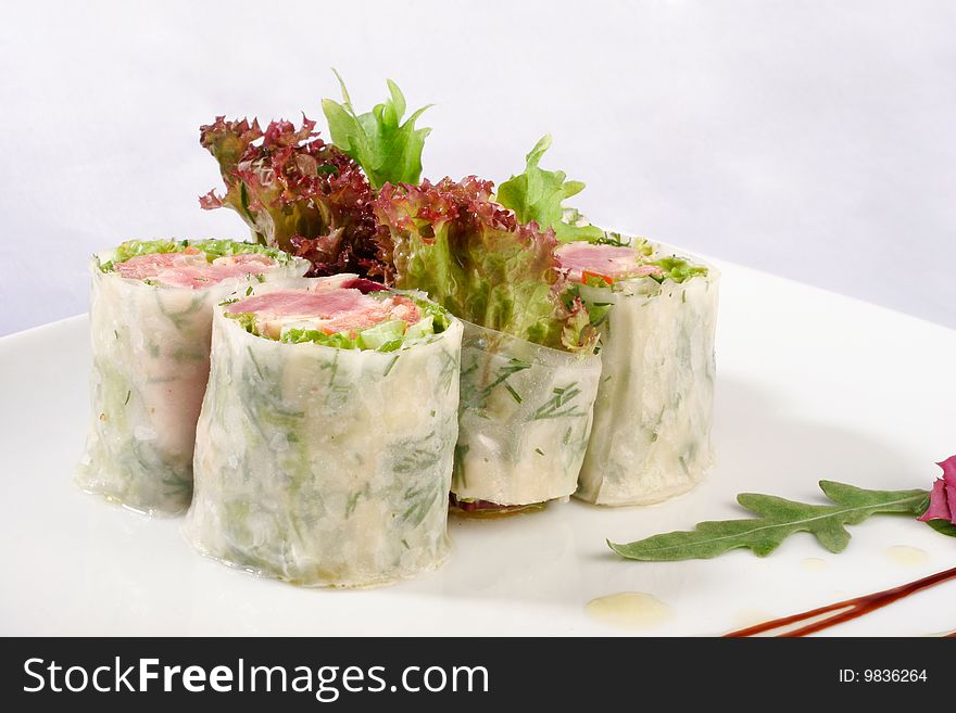 Image of sushi decorated with lettuce. Image of sushi decorated with lettuce