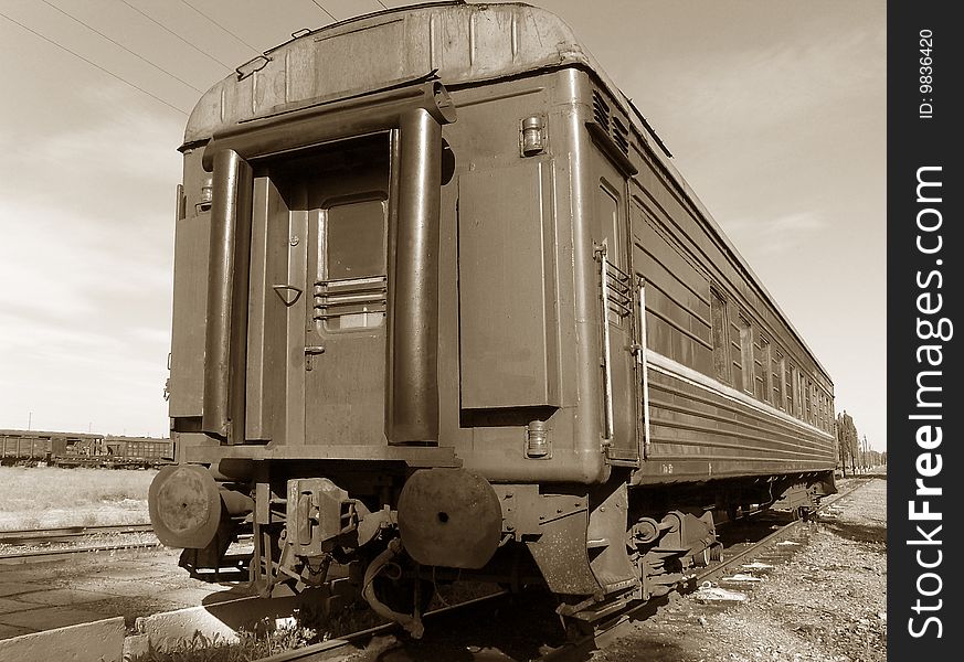 Classic USSR passenger wagon.
Build in 1975 year.
Black and white photo.
Ukraine.
May 2009.