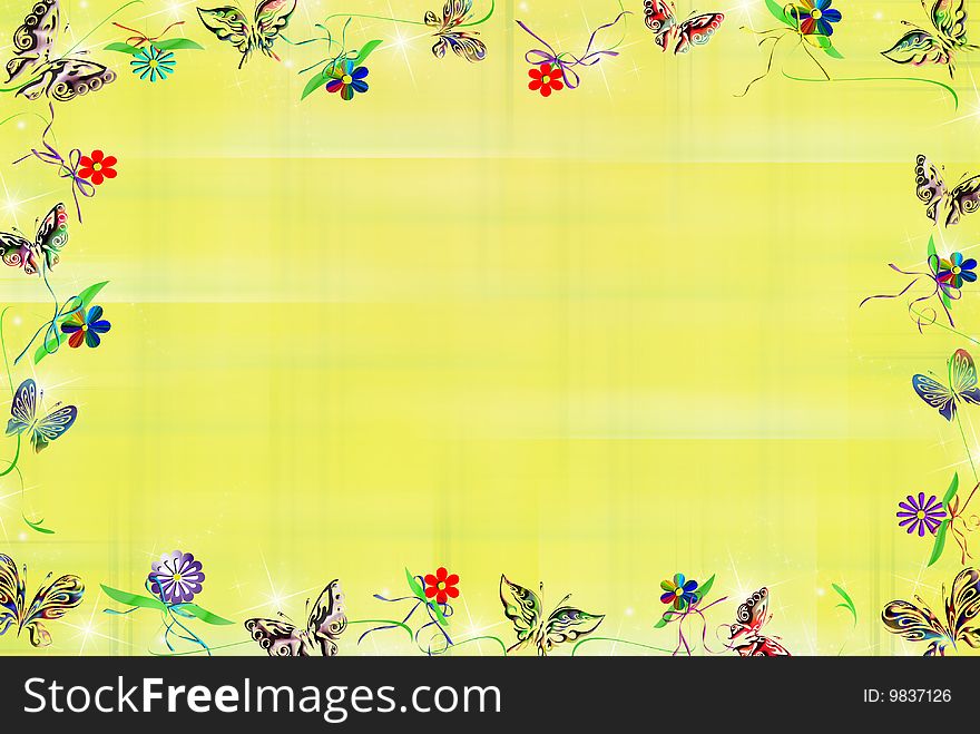 Butterflies, blooms and bows on yellow plaid background. Butterflies, blooms and bows on yellow plaid background.