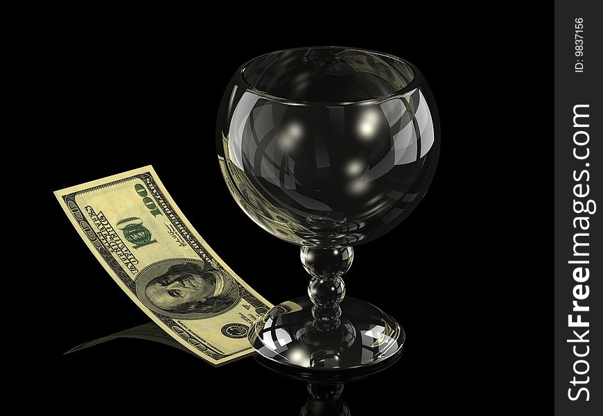 The empty wine glass and hundred dollars