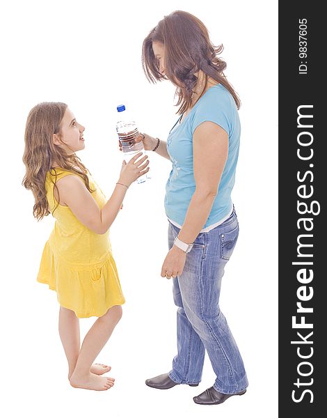 Mother and daughter drinking from a bottle