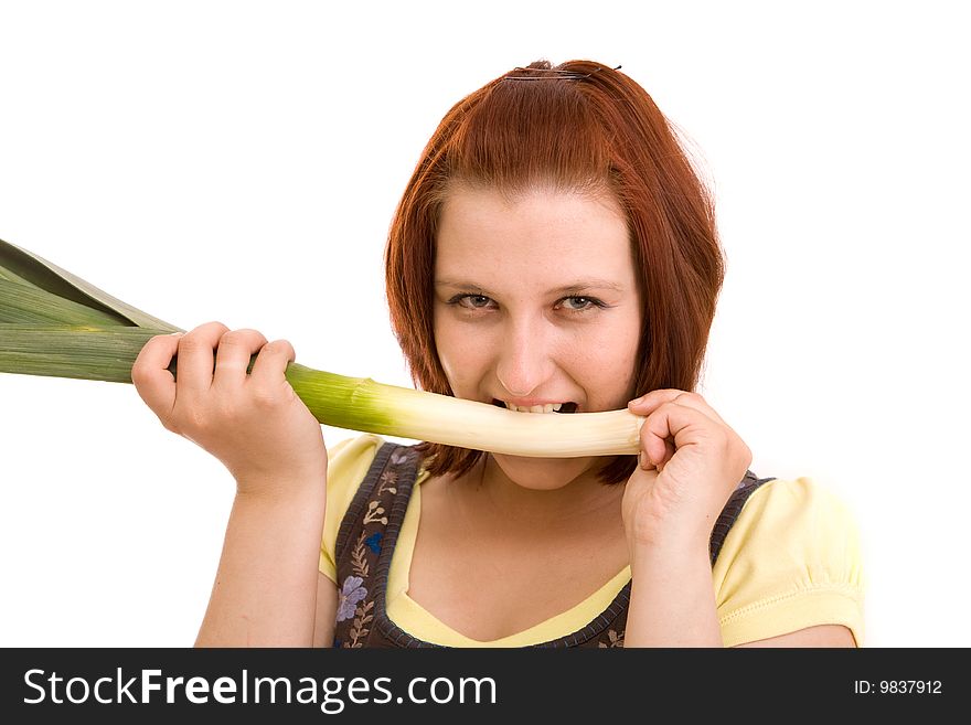 Woman eating vegetables on white background