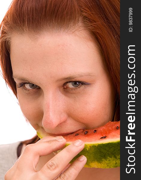 Woman eating water melon on white background