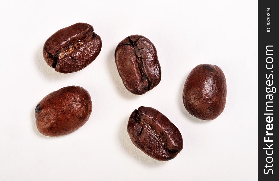 Close-up of five coffee beans on white background.