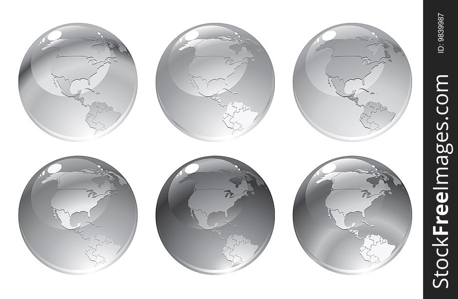Vector Illustration of dray globe icons with different continents.
