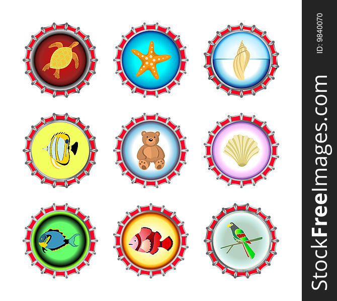 Vector illustration of bottle caps set, decorated with different objects. Vector illustration of bottle caps set, decorated with different objects.
