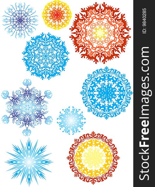 Color snowflakes collection on white background