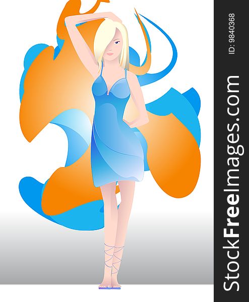 Vector Illustration of beautiful young woman on the colorful wavy background.