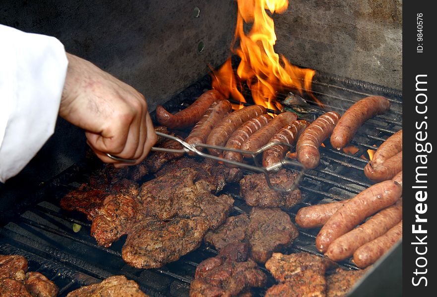 Close up of grilled meat and sausage, outdoor