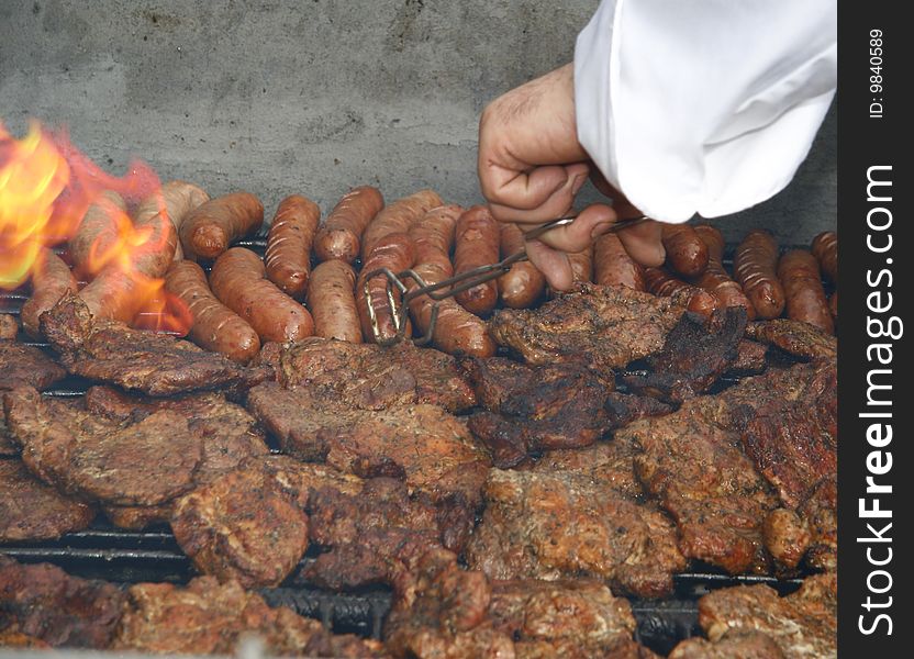 Close up of grilled meat and sausage, outdoor