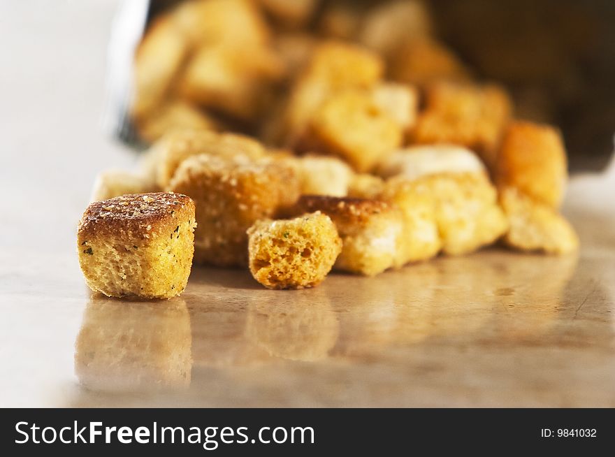 Store bought croutons on tabletop