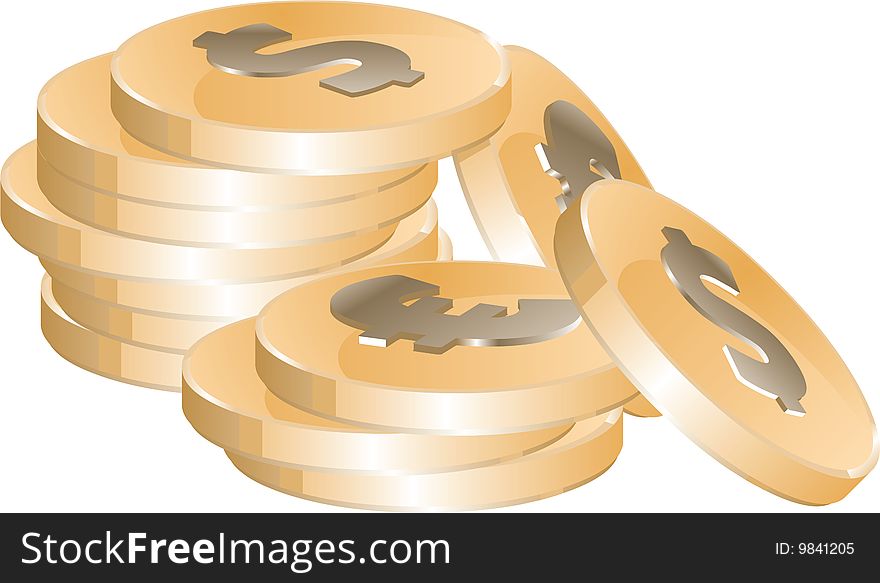 Golden coins set. Euro an Dollars