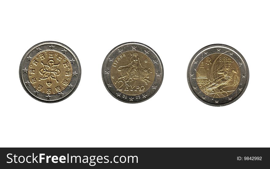 Italy, Greece and Portugal:euro coins. Italy, Greece and Portugal:euro coins