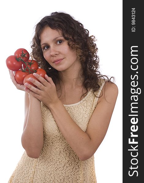 Pretty girl with  tomatoes isloated on white background. Beautiful young woman with fresh vegetables. Pretty girl with  tomatoes isloated on white background. Beautiful young woman with fresh vegetables.