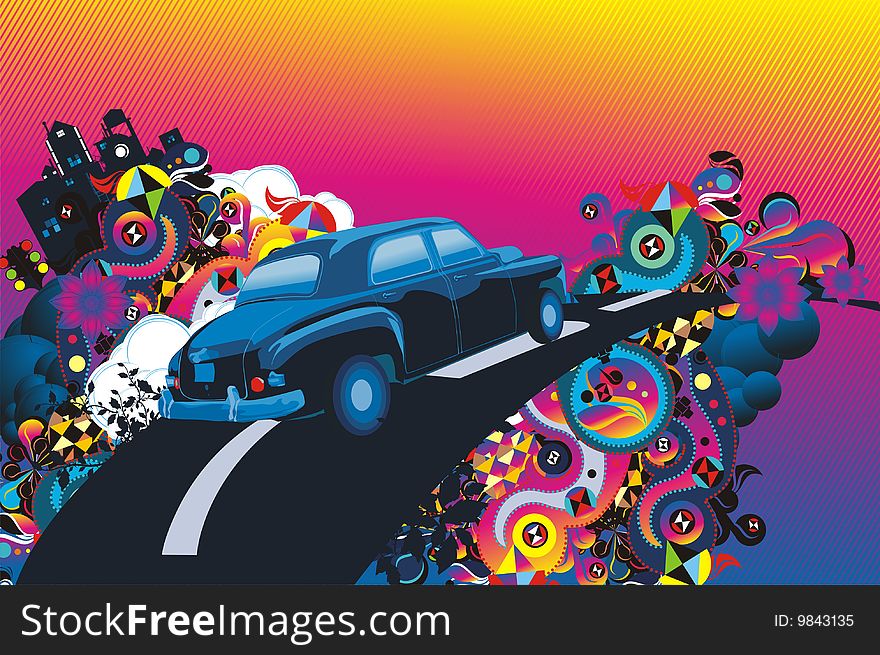 illustration of a vintage car on the road and colorful abstract elements