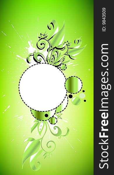 Floral retro graphic with swirls, circles and dots on green background. Space for text. Floral retro graphic with swirls, circles and dots on green background. Space for text